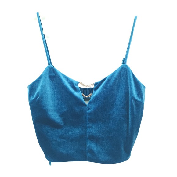 meraki Tops - Meraki Women L Modern Glam Festival Velvet Crop Top Teal Blu Elastic Back Chains